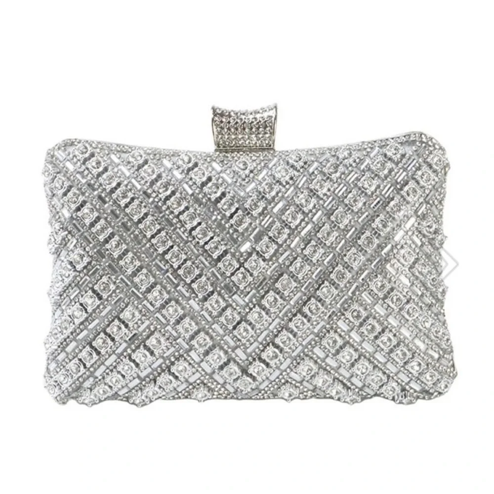 Women Silver Rhinestone Evening Clutch Bag Crystal‎ Formal Wedding Prom Purse